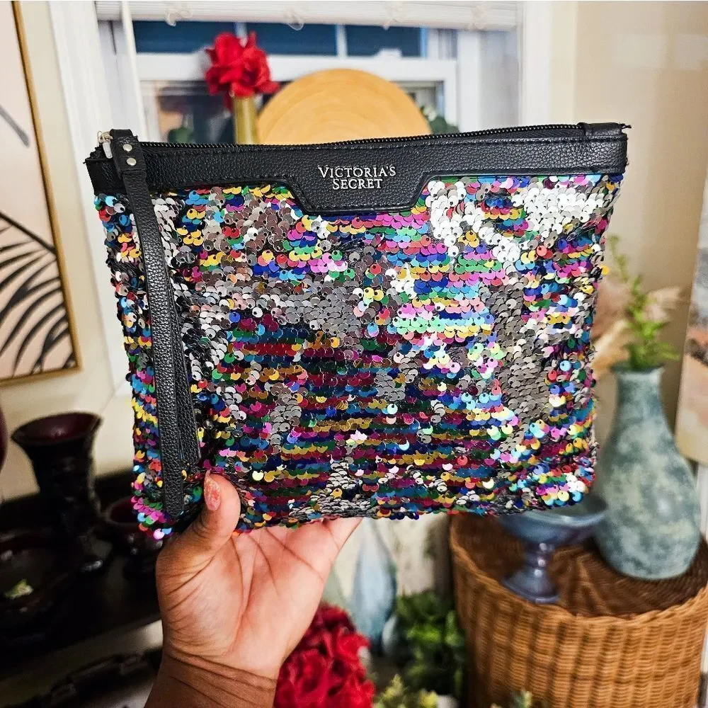 New Victoria Secret Large Sequins Faux Leather  Makeup Clutch.